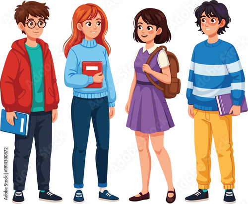 Vector illustration of diverse group of young teenage students standing together with books and backpacks for school education concept