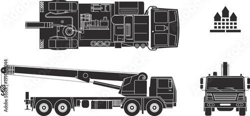Mobile crane truck silhouette illustrations showing top, side, and front views, construction machinery icons for lifting, transport, engineering, and urban projects