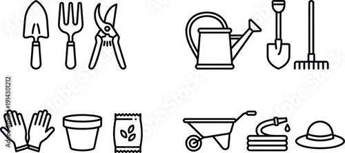 Garden tool icons in minimalist line art vector