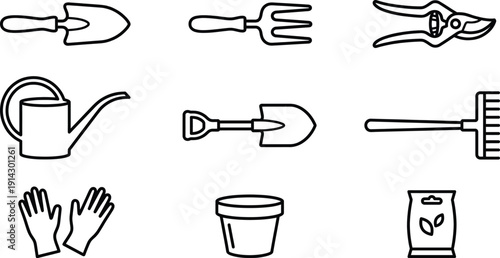 Garden tool icons in minimalist line art vector