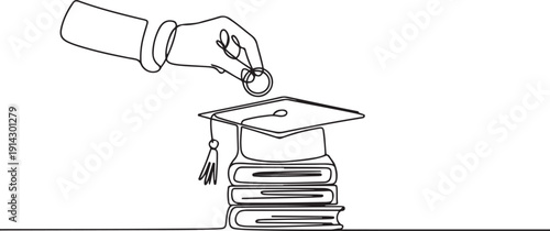 Single one line drawing hand holds coin inserting them into graduation cap and pile of thick books underneath. Serious about education. College Savings Day. one line Icon drawing
