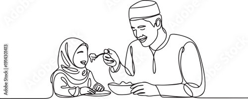 One single line drawing of young Islamic dad feeding nutritious food to daughter at lunch time vector illustration. Happy Arabian muslim family parenting concept. one line Icon drawing
