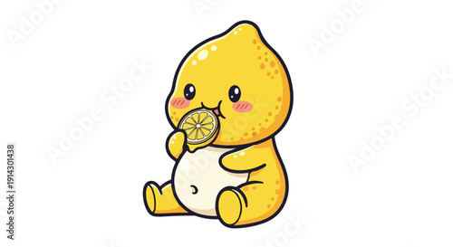 A cute cartoon yellow character with rosy cheeks eating a slice of pizza on a white background with a playful mood.