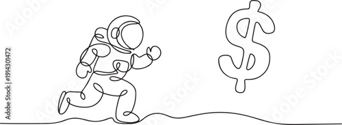 Single continuous line drawing young astronaut run chasing dollar symbol in moon surface. Investment in space technology development. one line Icon drawing