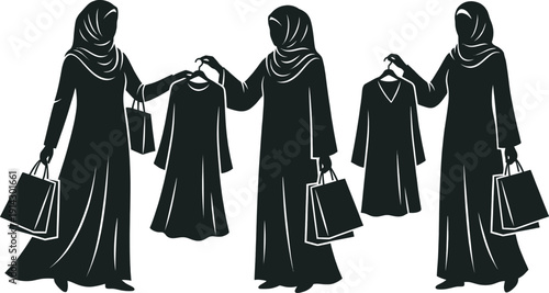 Woman shopping for Muslim Eid clothes in hijab vector
