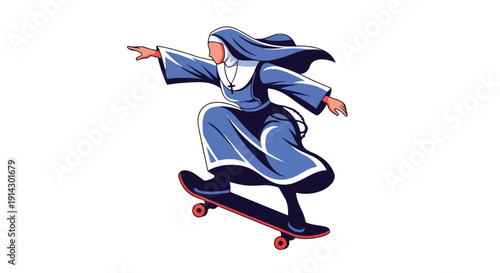 A cartoon nun in a blue habit skateboarding with outstretched arms on a red skateboard against a white background.