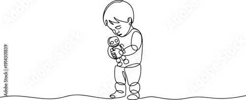 Single one line drawing a boy stands and looks down dejectedly holding a robot. Failed human trafficking. Trauma. Abuse. National Missing of Children Day. one line Icon drawing