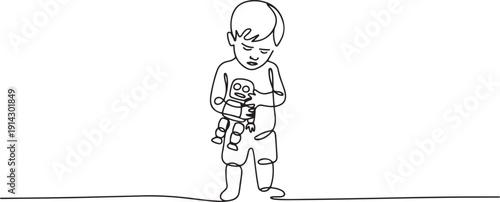 Single one line drawing a boy stands and looks down dejectedly holding a robot. Failed human trafficking. Trauma. Abuse. National Missing of Children Day. one line Icon drawing