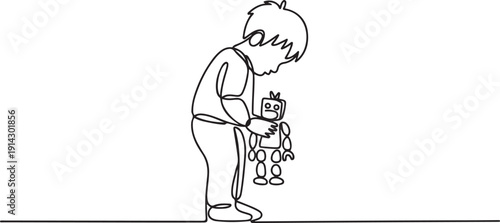 Single one line drawing a boy stands and looks down dejectedly holding a robot. Failed human trafficking. Trauma. Abuse. National Missing of Children Day. one line Icon drawing