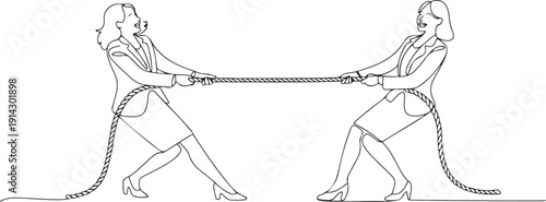 Continuous one line drawing two businesswomen pulling each other's rope. Light exercise relieves fatigue of daily routine. Fill free time to bond together.