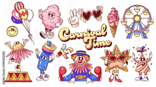 Cute carnival groovy cartoon set with clown, ferris wheel, cotton candy, ice cream, balloons, mask, and party hat, drawn in outline vector illustration with retro amusement park and festive vibe.