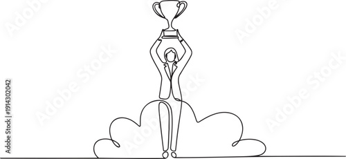 Single continuous line drawing businesswoman holding trophy in cloud. Showing award celebrate her victory in sky. Business success goal achievement. one line Icon drawing