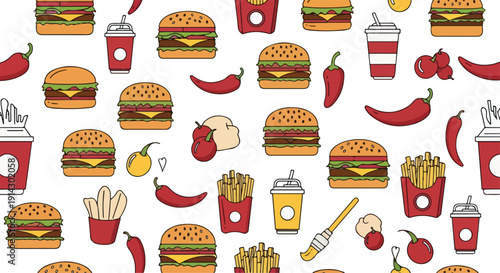 Colorful flat lay of assorted fast food items and spices on a white background with a vibrant and appetizing mood.