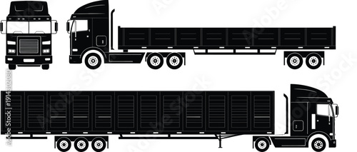 Silhouette illustrations of semi‑trailer trucks including flatbed and enclosed cargo designs, heavy transport vehicles for logistics, construction, and oversized loads