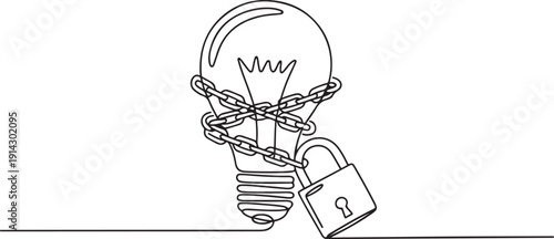 Single one line drawing the outer light bulb is chained around bulb and locked. Limited ideas and innovation. Expensive. World Intellectual Property Day. one line Icon drawing