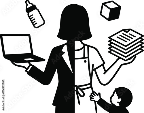 Mother balancing work and home tasks with baby vector