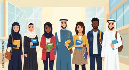 Diverse group of multinational university students and middle eastern scholars standing together with books in a modern campus setting