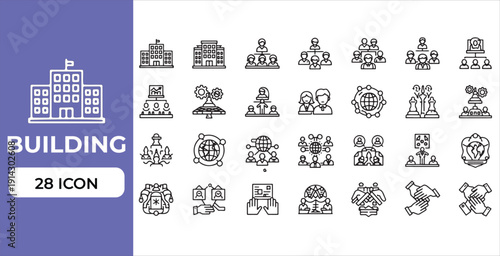 Business management icon collection shows organizational structure corporate hierarchy leadership teamwork networking global connectivity partnership strategy human resources and office buildings
