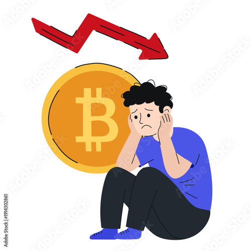 Bitcoin crash concept with falling red arrow, gold BTC coin and worried man sitting beside it. Cryptocurrency downturn, market volatility and investment loss metaphor. Digital asset decline theme.