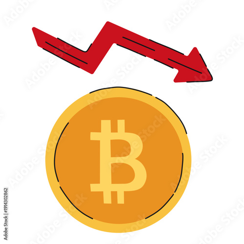 Bitcoin price drop concept with red falling arrow and gold BTC coin isolated on light background. Cryptocurrency market crash symbol showing bearish trend, decline chart and digital asset depreciation