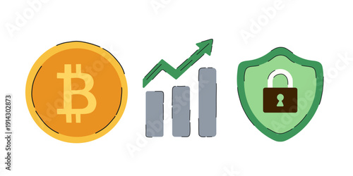 Bitcoin growth icon set with gold BTC coin, rising bar chart and protective shield with padlock. Cryptocurrency profit, secure investment and blockchain protection concept. Fintech symbol.
