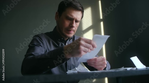 Worried man sitting at table meticulously checking receipts, calculating expenses, feeling stress financial hardship, inflation, budget management in home. Man reviewing household bills, home expenses