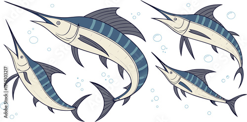 A collection of watercolor-style illustrations of marlin fish. Each fish is depicted in various poses, showcasing different angles and movements. The marlins are predominantly shades of blue, with lig