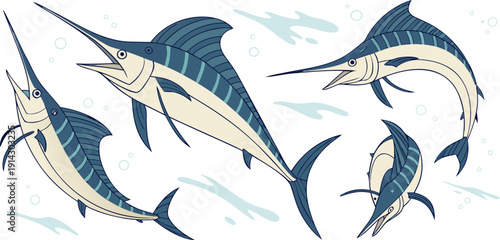 A collection of watercolor-style illustrations of marlin fish. Each fish is depicted in various poses, showcasing different angles and movements. The marlins are predominantly shades of blue, with lig