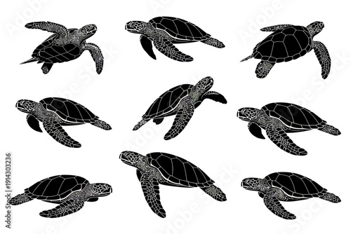 Dynamic Sea Turtles Swimming, Ocean Environment, Illustration, Underwater View, Marine Life Concept