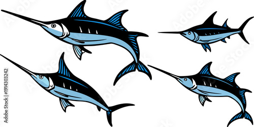 A collection of watercolor-style illustrations of marlin fish. Each fish is depicted in various poses, showcasing different angles and movements. The marlins are predominantly shades of blue, with lig
