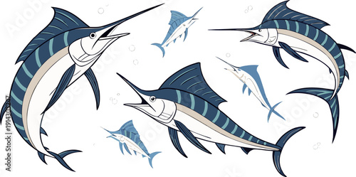 A collection of watercolor-style illustrations of marlin fish. Each fish is depicted in various poses, showcasing different angles and movements. The marlins are predominantly shades of blue, with lig