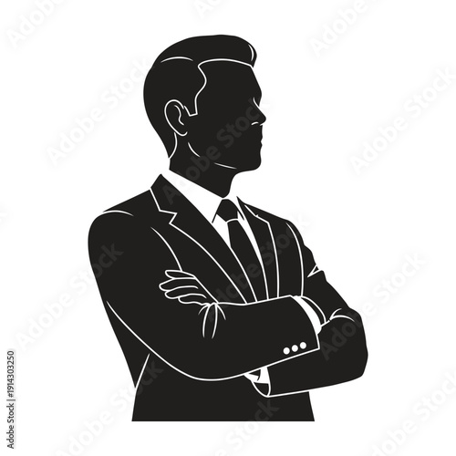 Vector silhouette of a confident businessman in a suit with folded arms, looking right, isolated on a transparent background for branding or presentation.