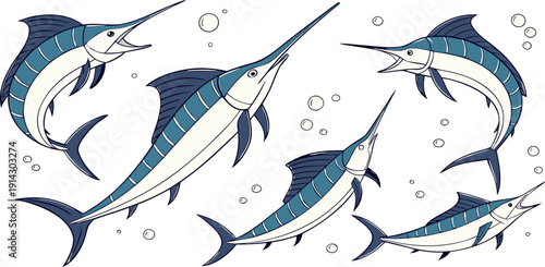A collection of watercolor-style illustrations of marlin fish. Each fish is depicted in various poses, showcasing different angles and movements. The marlins are predominantly shades of blue, with lig