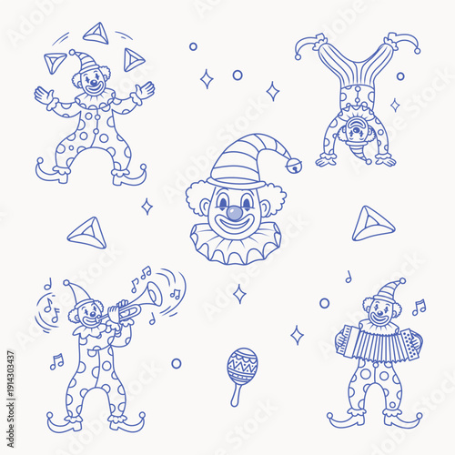 Purim Carnival funfair clowns, Jewish holiday Hand Drawn vector illustration. Clown in costumes and hamans ears cookies.