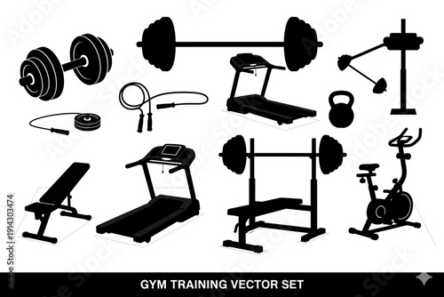 Fitness Equipment, Indoor Gym, Digital Illustration, Minimalist Black and White Style
