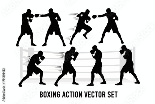 Boxing Action Sequence, Fighters, Boxing Ring, Vector Illustration, Sport Environment, Dynamic View, Athletic Concept