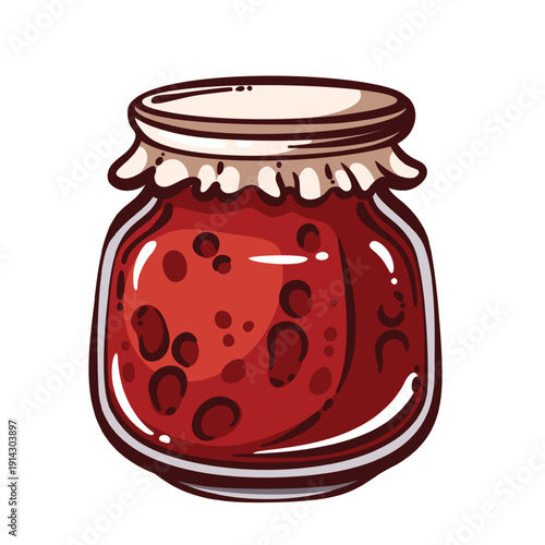 Strawberry jam in glass jar with visible berries and thick texture, homemade preserve, classic farm style, rounded shape, clean outline, retro cartoon look. Outline vector illustration.