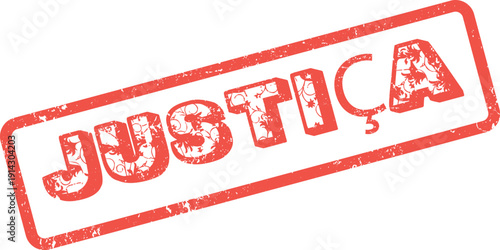 Red grunge rubber stamp with a decorative floral pattern and the Portuguese word justiça meaning justice