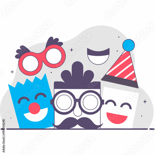 A creative set of clown accessories: oversized glasses, funny mustaches, a bright wig, a red clown nose, a jester’s hat, a party popper, and paper smiley faces. All elements are neatly arranged 