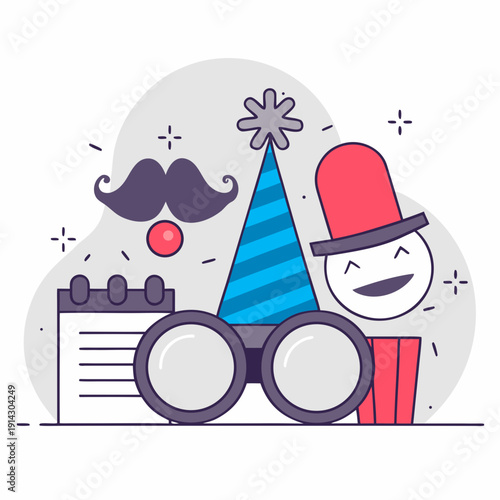 A creative set of clown accessories: oversized glasses, funny mustaches, a bright wig, a red clown nose, a jester’s hat, a party popper, and paper smiley faces. All elements are neatly arranged 