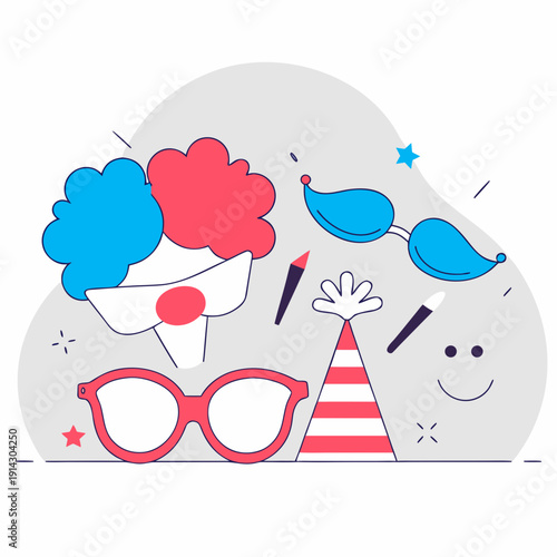 A creative set of clown accessories: oversized glasses, funny mustaches, a bright wig, a red clown nose, a jester’s hat, a party popper, and paper smiley faces. All elements are neatly arranged 