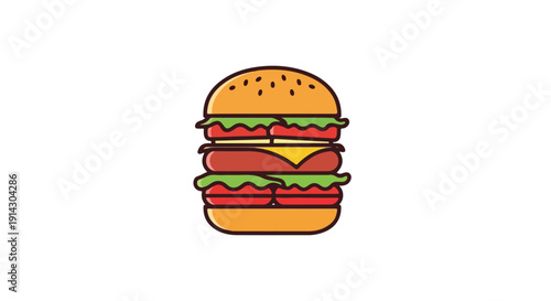 Illustration of a double-decker hamburger with cheese, lettuce, and tomato on a white background.