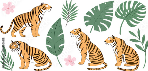 A collection of watercolor-style tiger illustrations against a transparent background. Each tiger is depicted in various poses, including sitting, standing, and reclining. They feature orange and blac