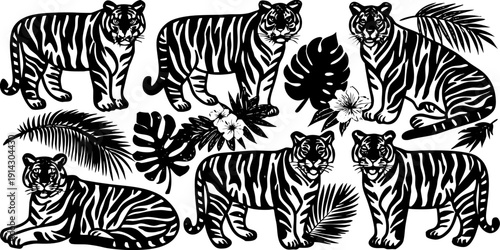 A collection of watercolor-style tiger illustrations against a transparent background. Each tiger is depicted in various poses, including sitting, standing, and reclining. They feature orange and blac