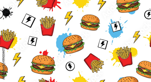 Flat lay of a colorful pattern featuring fast food items and cartoon graphics on a white background.