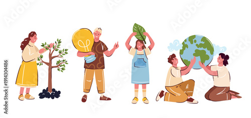 Sustainable lifestyle people set with eco actions, tree planting, green energy idea, leaf care, earth protection scenes, environmental awareness moments. Cartoon vector illustration.