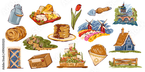 Dutch food and countryside icons with cheese board, milk can, stroopwafel, tulip, windmills, farmhouse, canal bridge, flower market, rural path, wooden fence. Netherlands rural symbols. Cartoon vector