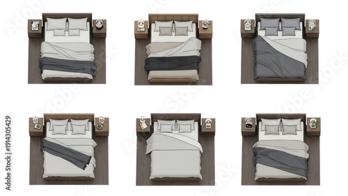 Queen Size Beds with Bedside Table Variations Plan View Vector Set for Interior Layout