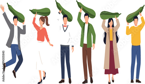 People holding giant vegetables vector illustration with flat modern characters, teamwork harvest celebration concept for agriculture, healthy lifestyle, farming, and food marketing designs