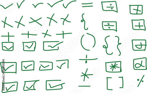 A collection of hand drawn checkmarks crosses and mathematical symbols on a white background with green ink